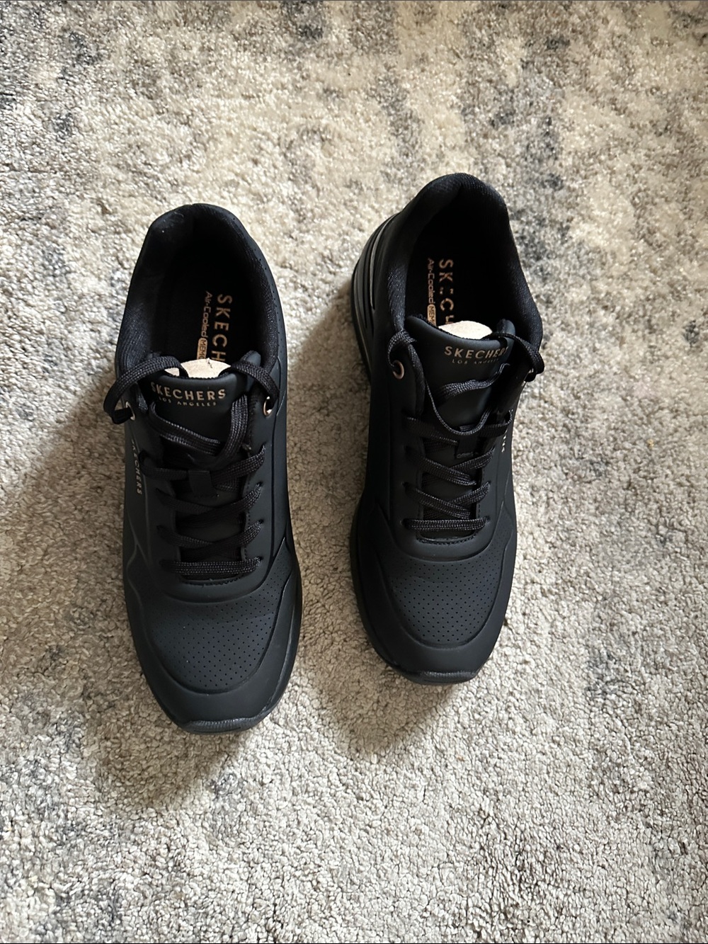 Skechers Women’s Black Athletic Lace-Up Wedge Sneakers with Subtle Gold Accent